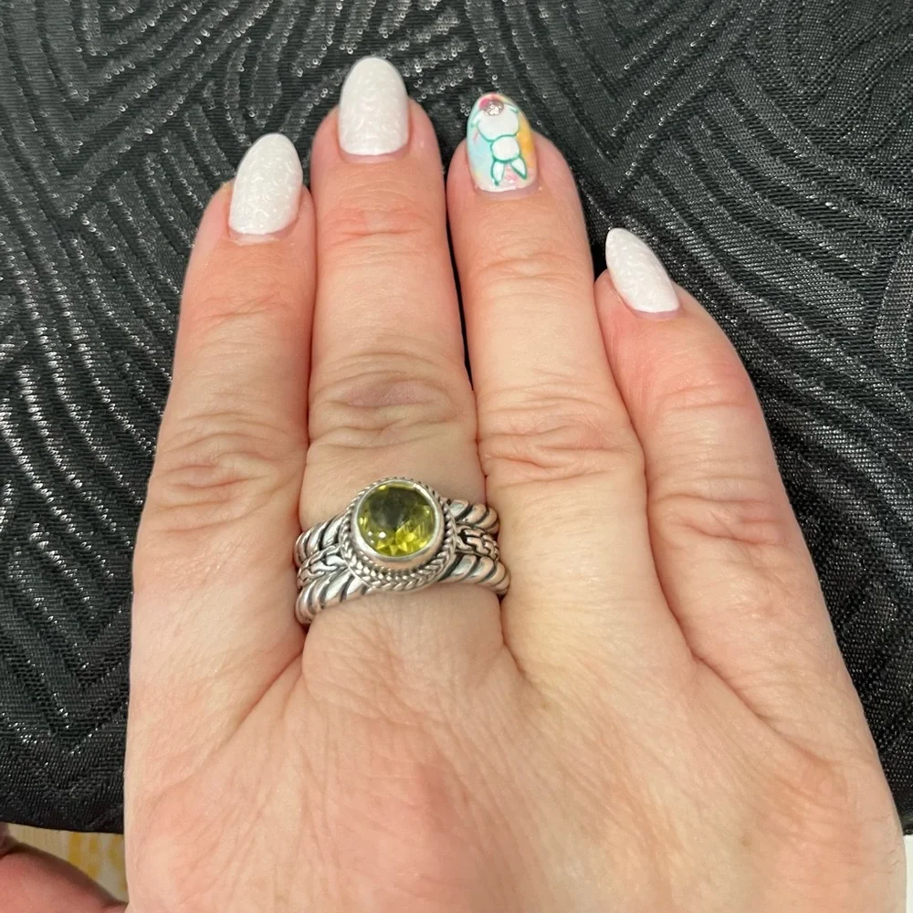Sarda Olive Quartz Silver stack rings, set of 3, size 10